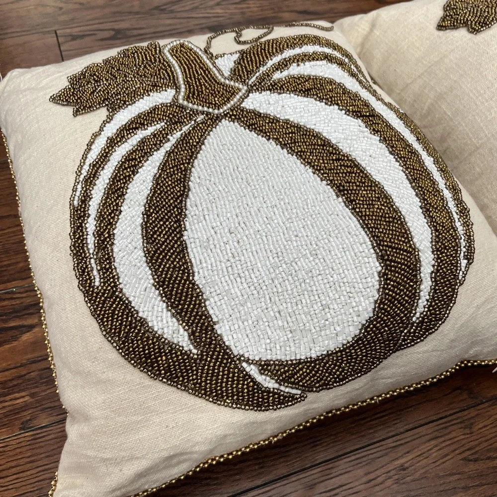 Lot Of 2 mi chateaux pillows beaded pumpkins Gold White 15